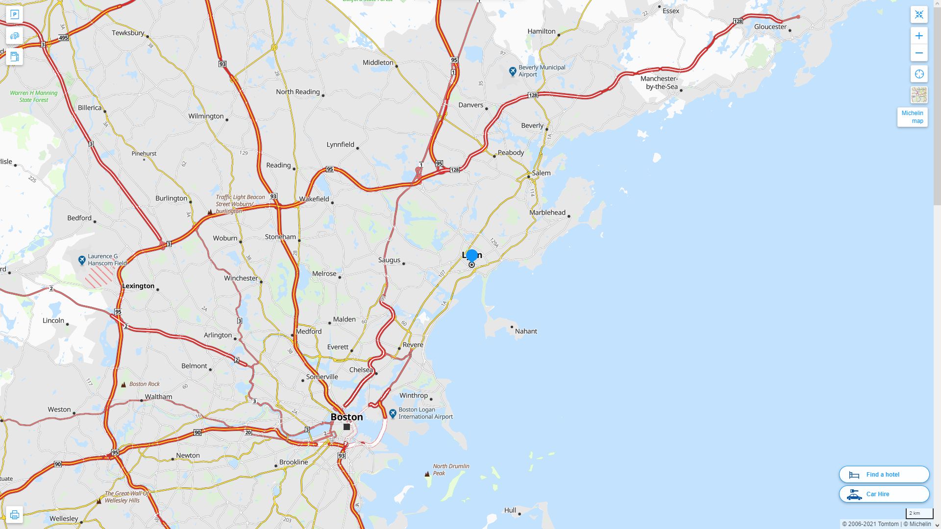 Lynn Massachusetts Highway and Road Map